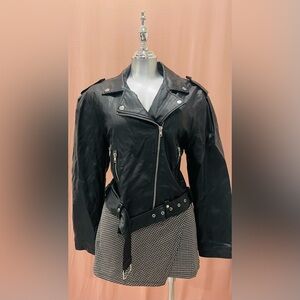 Women's Black Leather Asymmetrical Moto Jacket with Belt